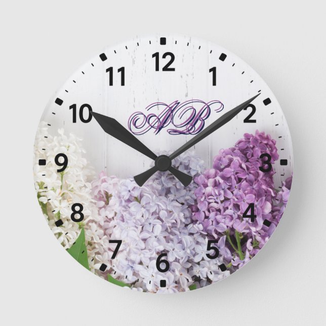 Lilac Monogram Wall Clock | Personalized Floral  Rund Klocka (Framsida)