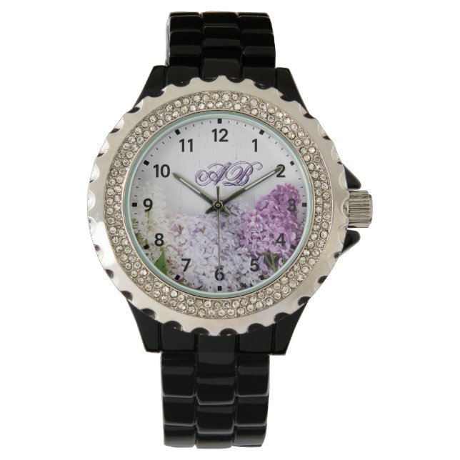 Lilac Monogram Watch | Floral Rhinestone Timepiece Armbandsur (Framsida)