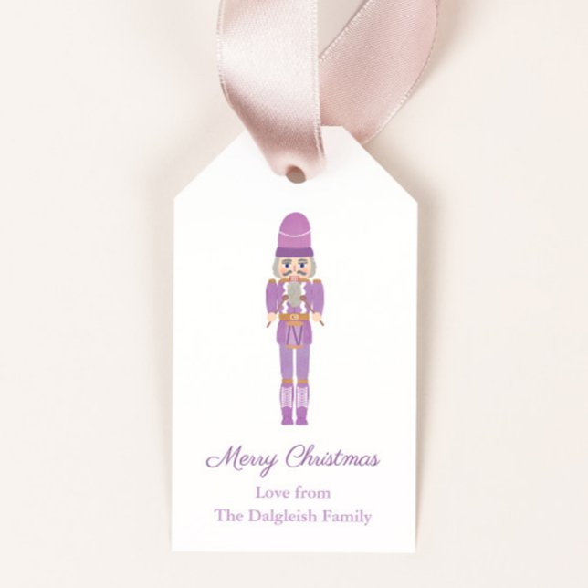 Lilac Nutcracker Ballet Wooden Soldier jul Presentetikett (Lilac nutcracker with purple accents Merry Christmas gift tags)