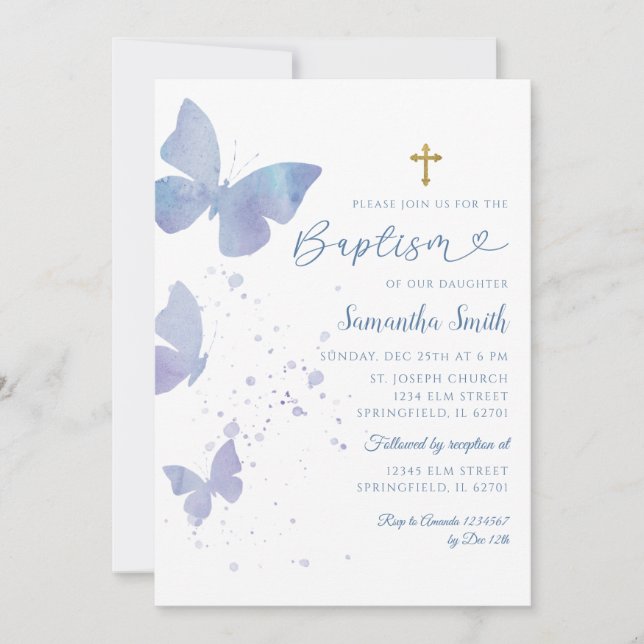 Lilac och Blue Minimalist Butterfly Baptism Inbjudningar (Framsida)