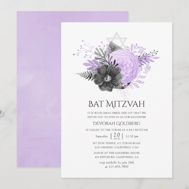Lilac och Charcoal Blommig Bat Mitzvah Inbjudningar (Fram/baksida)