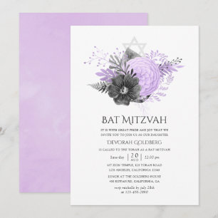 Lilac och Charcoal Blommig Bat Mitzvah Inbjudningar