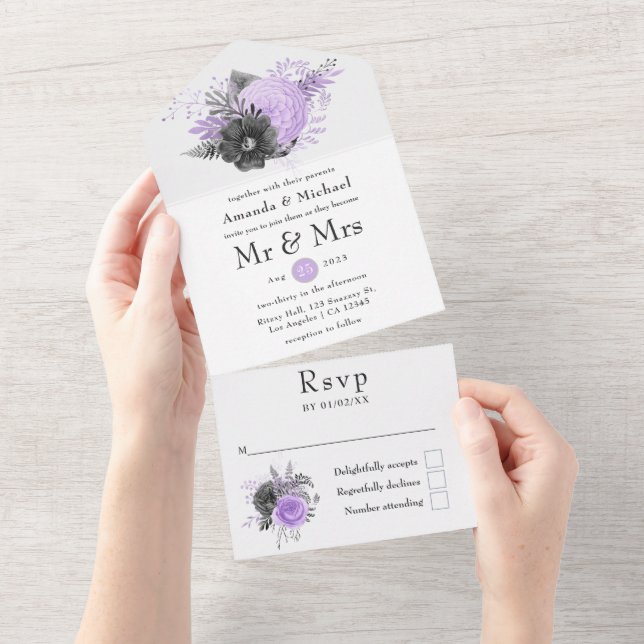 Lilac och Charcol Blommigt Bröllop (Avrivbar del)
