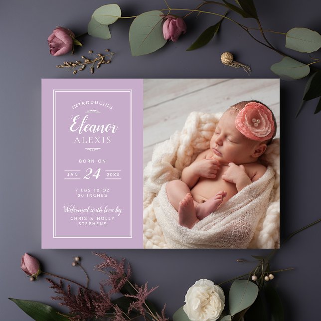 Lilac och Grått Flicka Photo Birth Notice Meddelande (Skapare uppladdad)