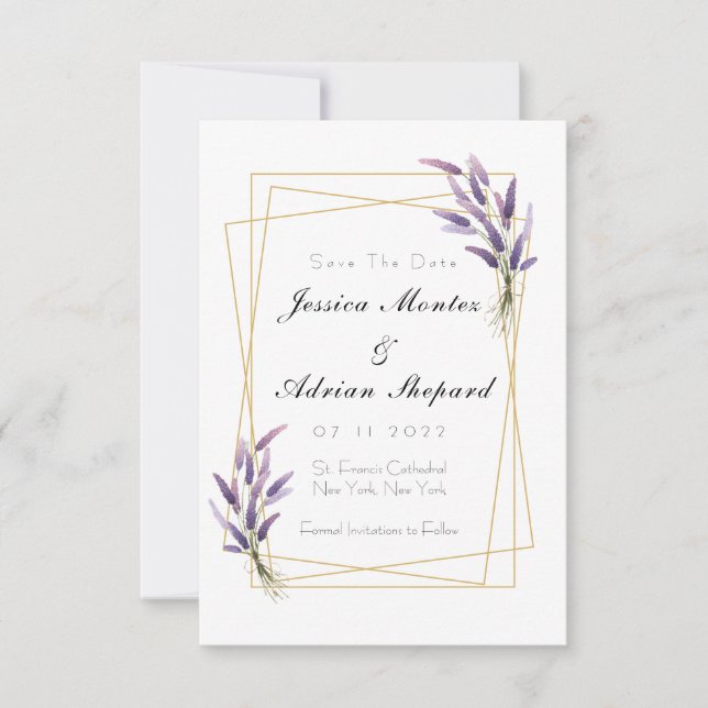 Lilac och guld save the dates inbjudningar (Framsida)