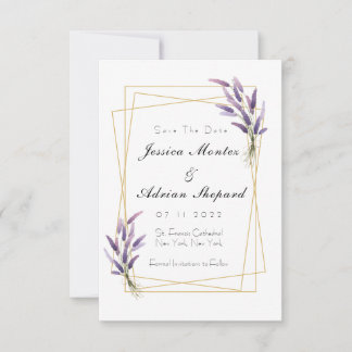 Lilac och guld save the dates inbjudningar
