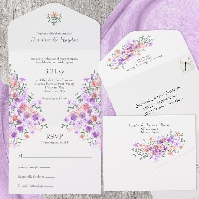 Lilac och Peach Bukett med rosor Bröllop (lilac & peach all-in-one floral wedding invitations, rose vines springtime summer, purple, lavender)