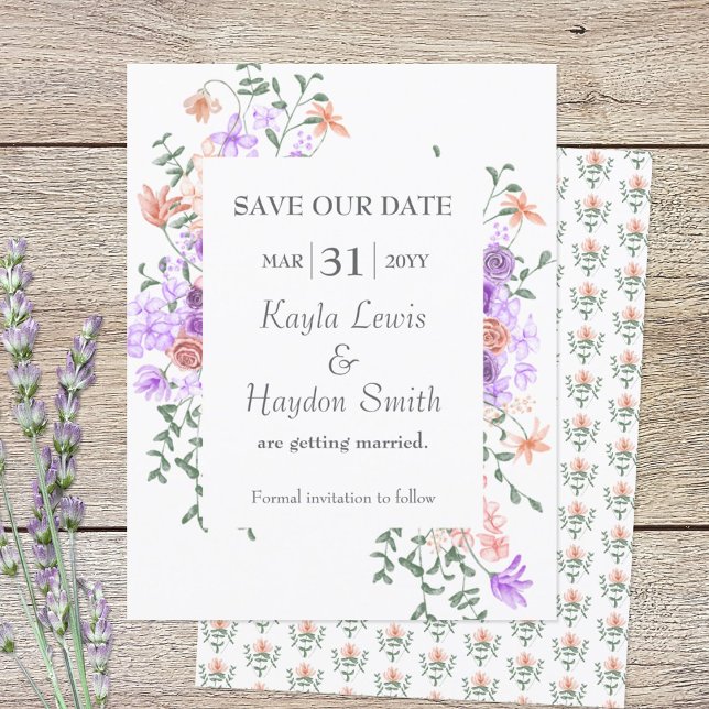 Lilac och Peach Ro Bröllop spara datum Inbjudningar (lilac and peach SAVE OUR DATE wedding announcement)