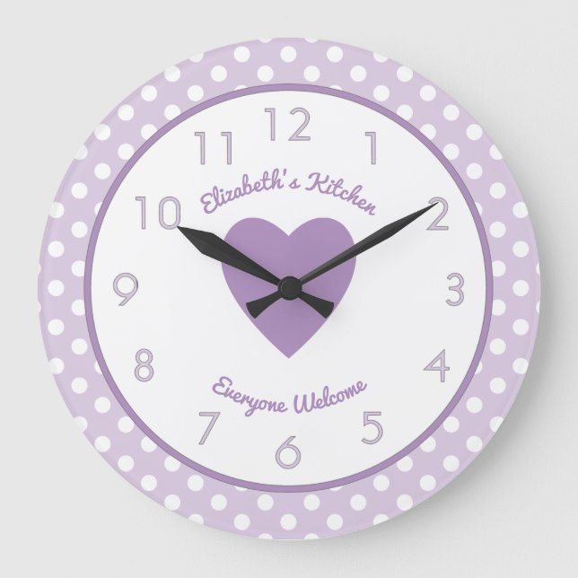 Lilac och vit med polka dots och namn stor klocka (Framsida)