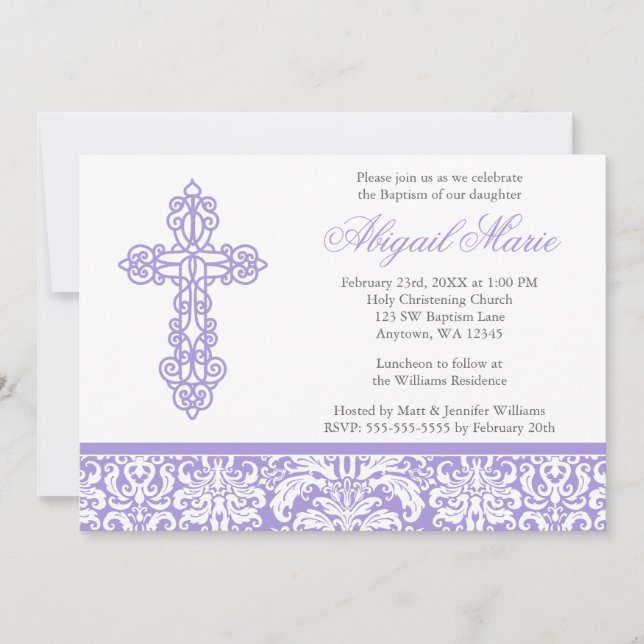 Lilac Ornate Kor Damask Girl Baptism Christening Inbjudningar (Framsida)