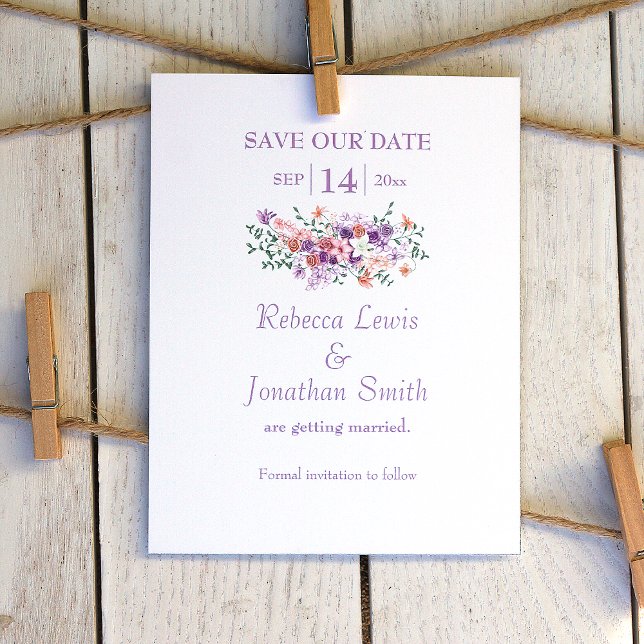 Lilac & Peach Bouquet Bröllop spara datum Inbjudningar (lilac and peach wedding save the date card, peach flowers, lilies and light purple roses)
