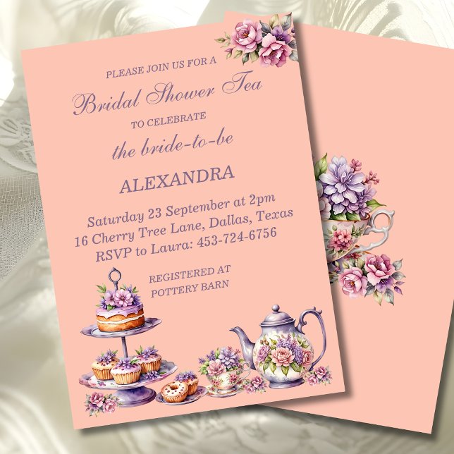 Lilac Peach Floral Whimsical Tea Bridal Shower  Inbjudningar (Skapare uppladdad)