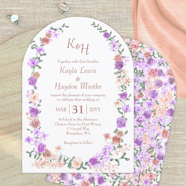 Lilac & Peach Ro Garden Arches Canopy Bröllop Inbjudningar (lilac and peach floral wedding invitations, rose garden wedding arches)