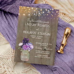 Lilac Plum Lila Blommigt Mason Burk Rustic Bröllop Inbjudningar