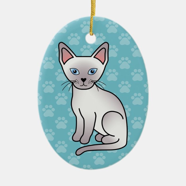 Lilac Point Siamese Kattras Tecknad Ritning Julgransprydnad Keramik (Framsidan)