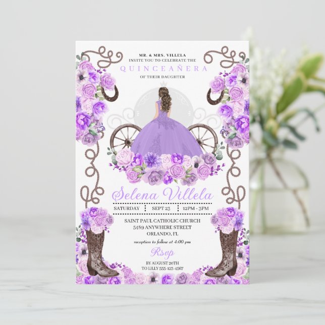Lilac Princess Dress & Boots Quinceañera Inbjudningar (Stående Fram)