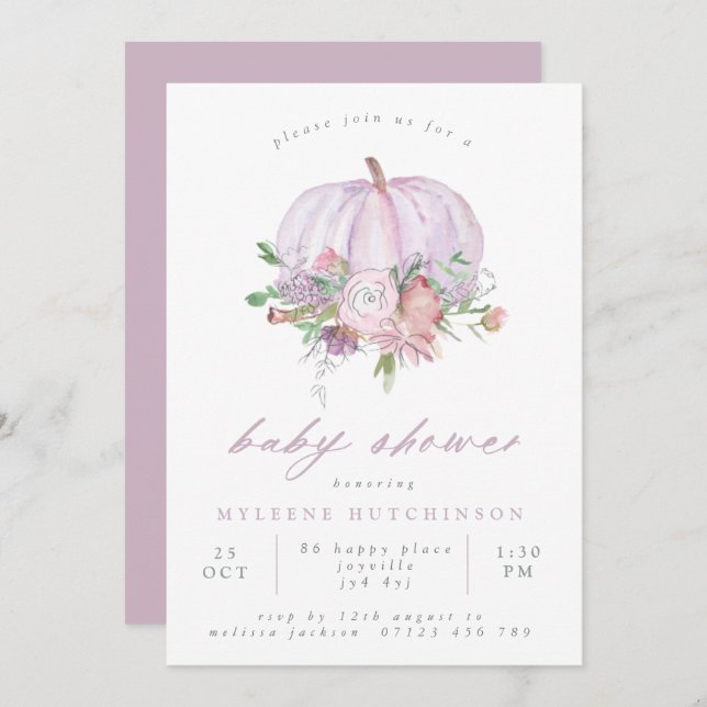 Lilac Pumpkin och Flowers Baby Shower Inbjudningar (Fram/baksida)