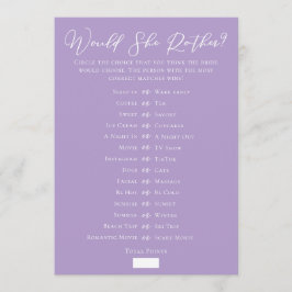 Lilac Purple Downloadable Bridal Shower Guess Game Kort