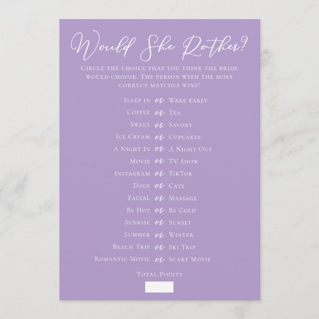 Lilac Purple Downloadable Bridal Shower Guess Game Kort (Framsida)