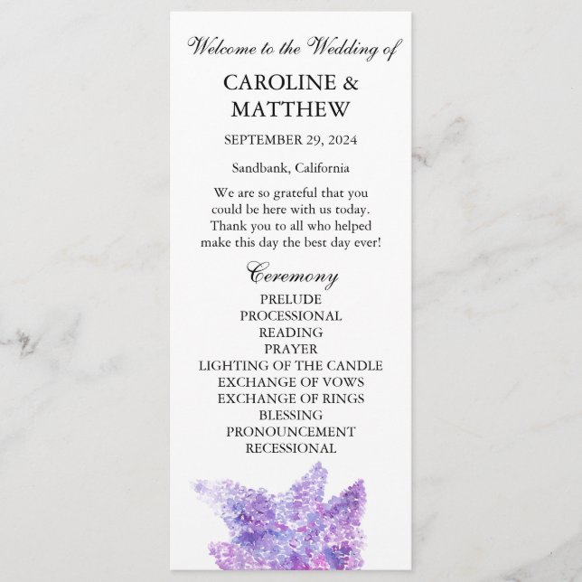 Lilac Purple Floral Elegant Modern Wedding  Program (Framsida)