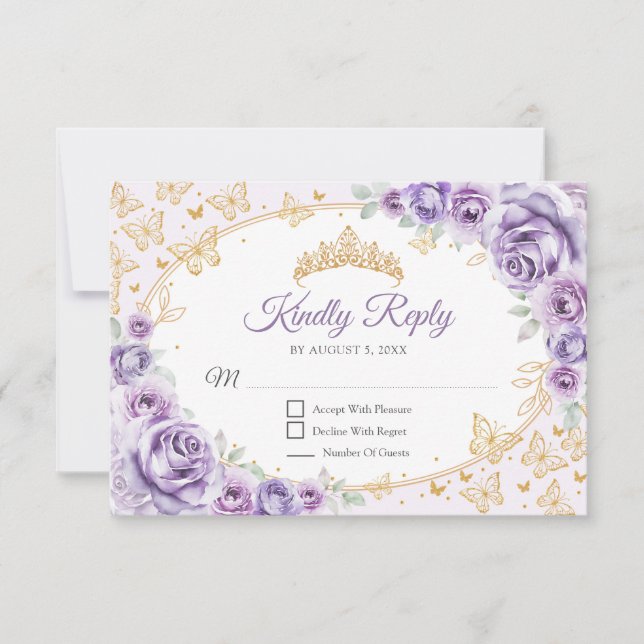 Lilac Purple Gold Quinceanera Reply OSA Kort (Framsida)