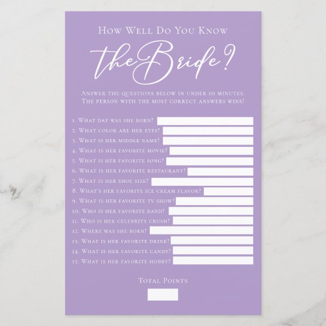 Lilac Purple Know the Bride Facts Shower Game (Framsida)