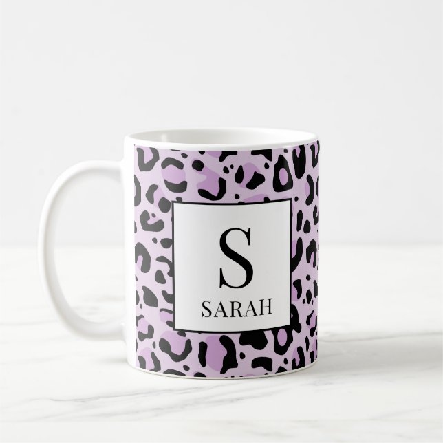 Lilac Purple Leopard Print Custom Name Mug Kaffemugg (Vänster)