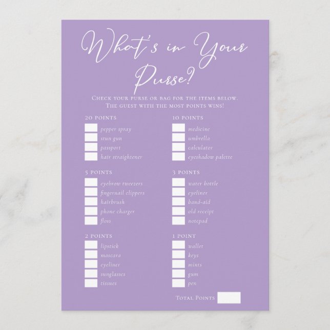 Lilac Purple Purse Items Bridal Shower Game Kort (Framsida)