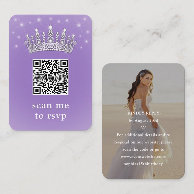 Lilac Purple QR RSVP Quinceañera Crown & Photo Tilläggskort (Fram/baksida)