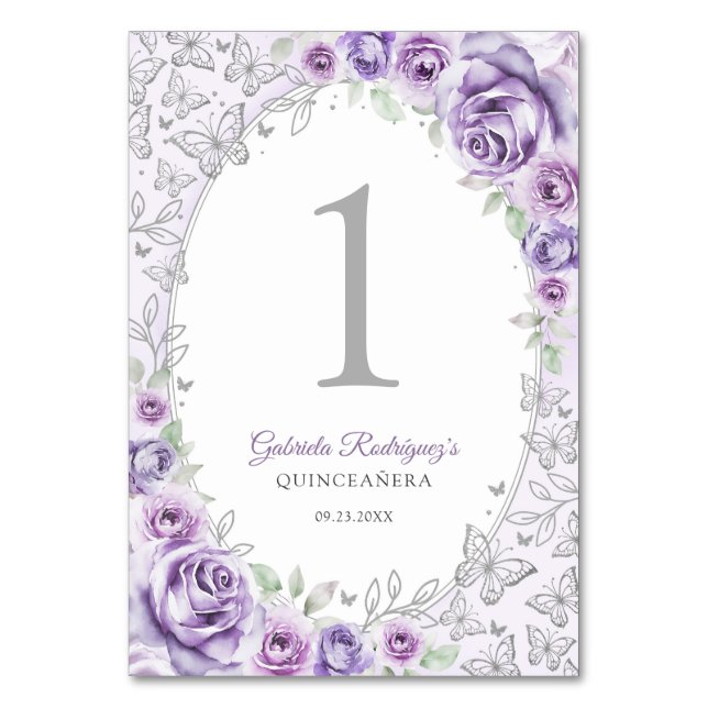 Lilac Purple Silver Floral Quinceanera Bordsnummer (Framsidan)