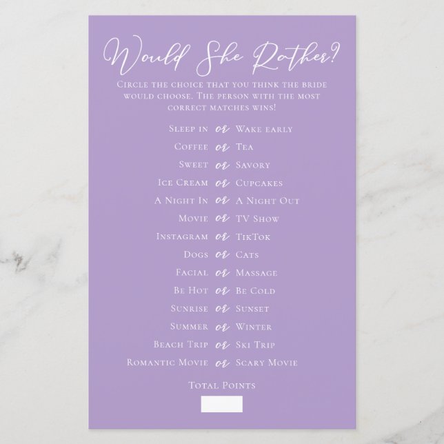 Lilac Purple Would She Rather Bridal Shower Game (Framsida)