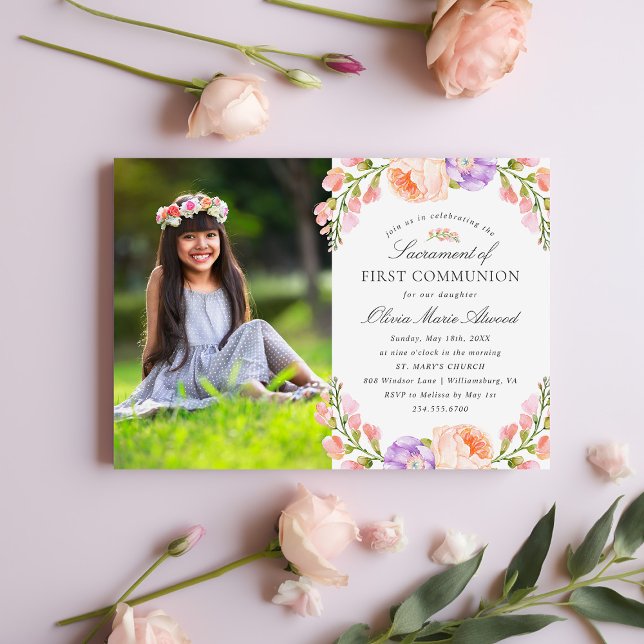 Lilac Rand och Bloom Photo First Communion Inbjudningar (Skapare uppladdad)