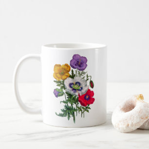 Lilac Red White Gult Poppies & Grönt Löv Kaffemugg