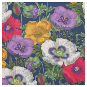 Lilac Red White Gult Poppies & Grönt Löv Tyg