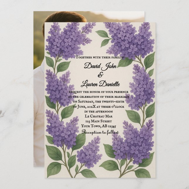 Lilac Reverie Photo Wedding Invitation Inbjudningar (Fram/baksida)