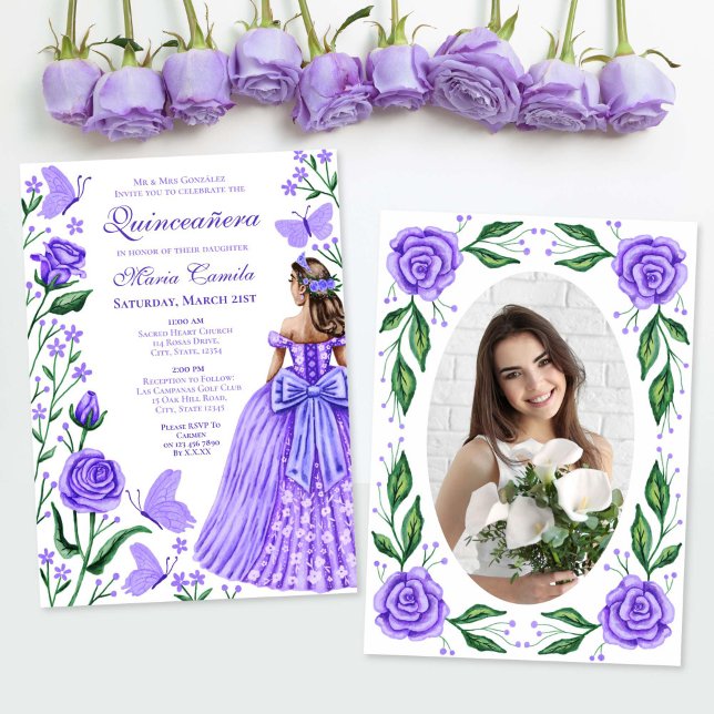 Lilac Ro Butterflies Princess Photo Quinceanera Inbjudningar (Lilac Roses Butterflies Princess Photo Quinceanera Invitation)