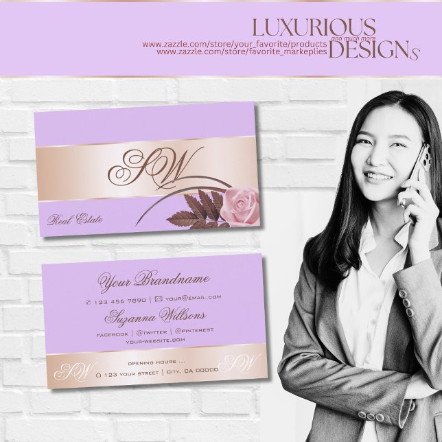 Lilac Ro Guld Decor Cute Flower med Monogram Visitkort (Skapare uppladdad)