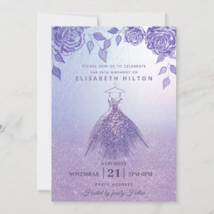 Lilac ro modern Glitter klänning sweet sixteen Inbjudningar