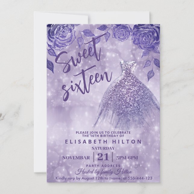 Lilac ro modern Glitter klänning sweet sixteen Inbjudningar (Framsida)