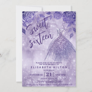 Lilac ro modern Glitter klänning sweet sixteen Inbjudningar