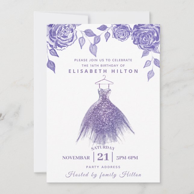 Lilac ro modern Glitter klär sweet sixteen in Inbjudningar (Framsida)