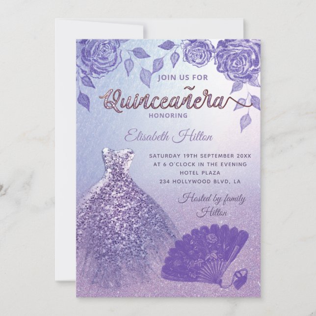 Lilac ro romantic Glitter dress fläkt Quinceañera Inbjudningar (Framsida)