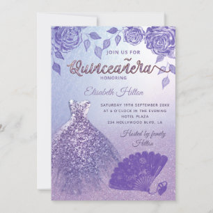 Lilac ro romantic Glitter dress fläkt Quinceañera Inbjudningar