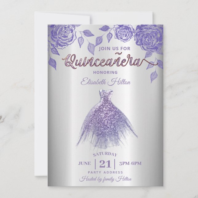 Lilac ro romantic Glitter dress Quinceañera I Inbjudningar (Framsida)