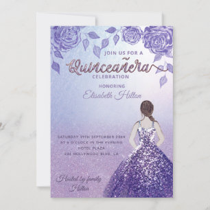 Lilac ro romantic Glitter dress Quinceañera Inbjudningar