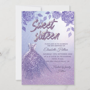 Lilac ro romantic Glitter dress Sweet 16 Inbjudningar