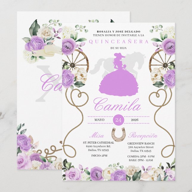 Lilac Ro Westernare Mariachi Charro Quinceañera Inbjudningar (Fram/baksida)