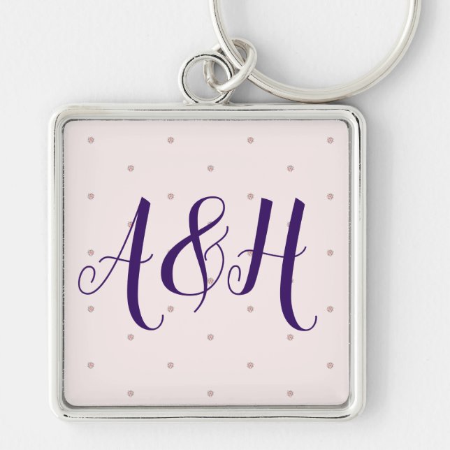 Lilac Rosa Modern par Monogram Valentines day Fyrkantig Silverfärgad Nyckelring (Framsidan)