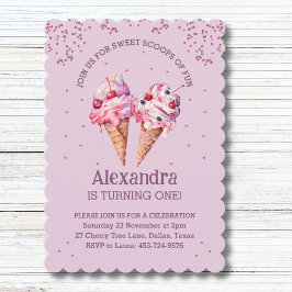 Lilac Rosa Sprinkles Girl Ice Cream 1:a födelsedag Inbjudningar