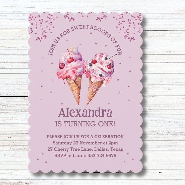 Lilac Rosa Sprinkles Girl Ice Cream 1:a födelsedag Inbjudningar (Skapare uppladdad)